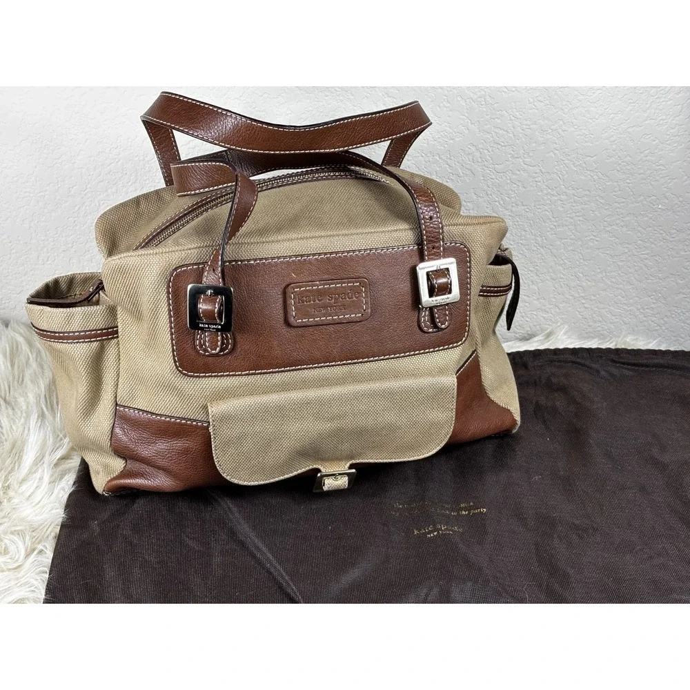 Kate Spade Stevie Baby Satchel Tan Canvas Brown Trim Utility Bag Chic